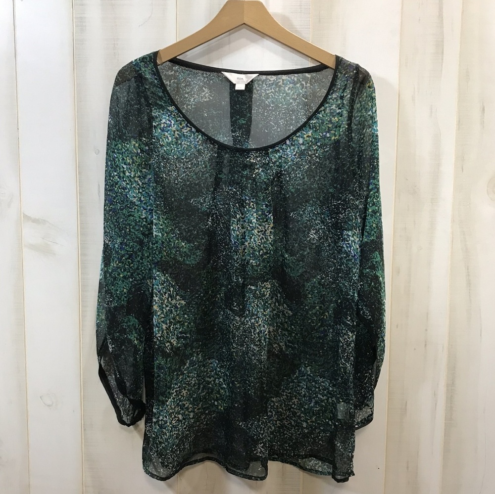 Zoa Green Floral Sheer Blouse Small Watercolor S
